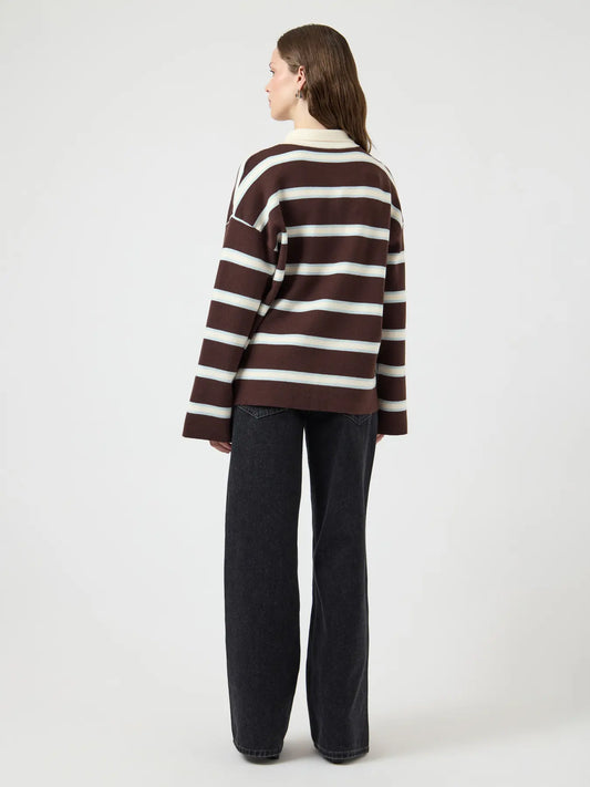 Isabell LS polo knit pullover Chocolate brown stripe
