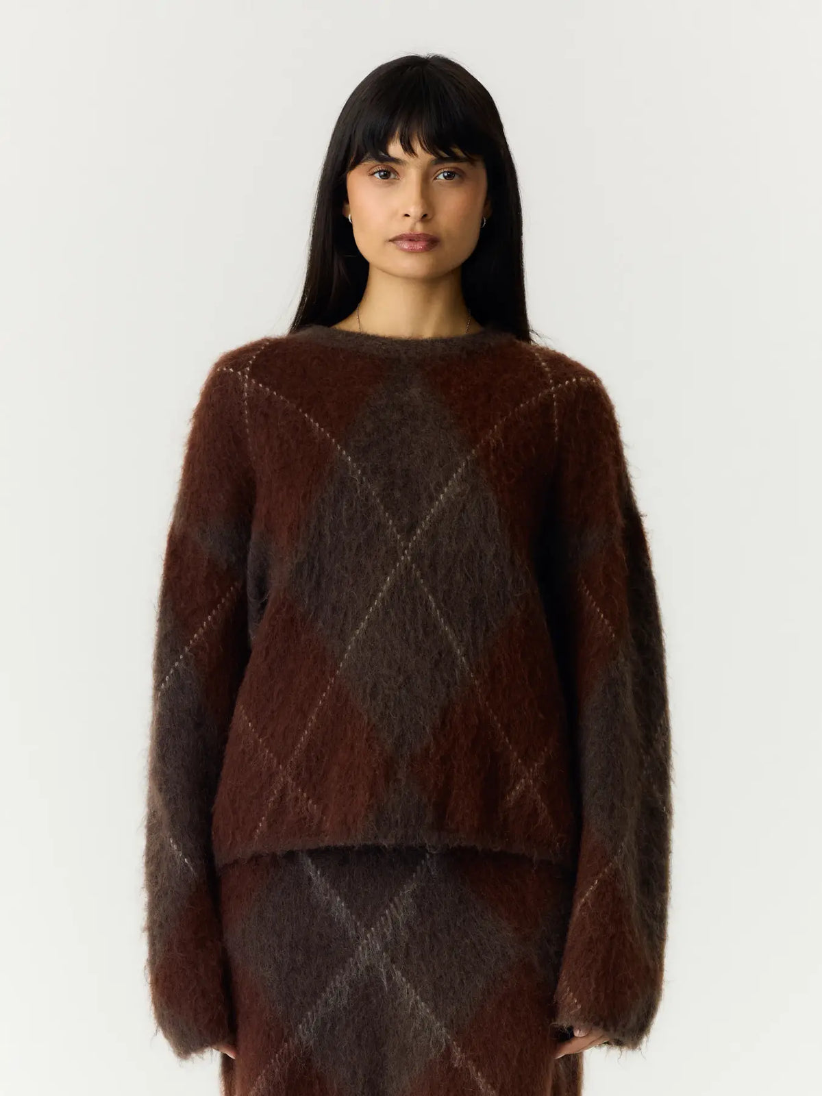 Argy LS mohair blend knit pullover Coffee bean check