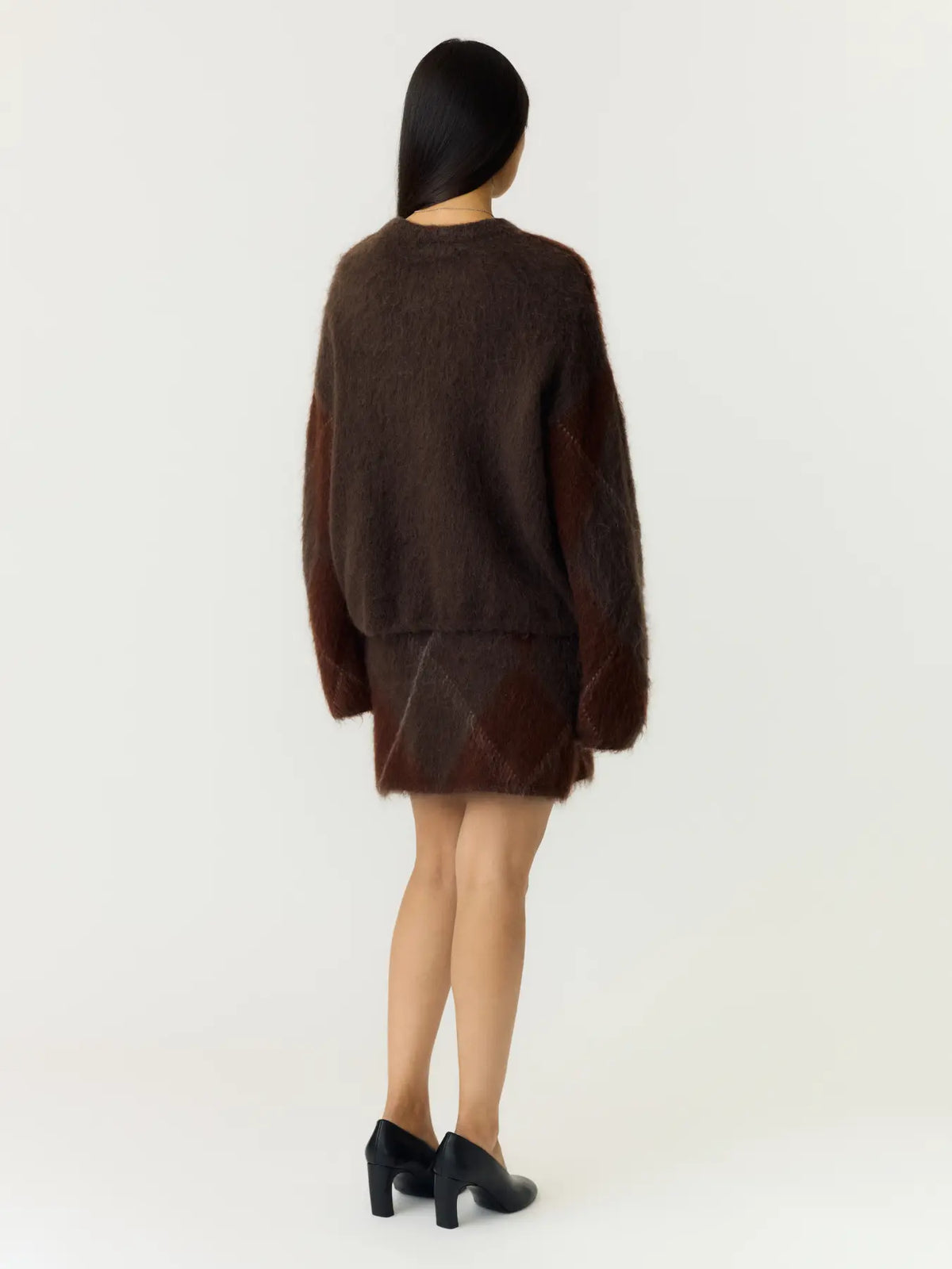 Argy LS mohair blend knit pullover Coffee bean check