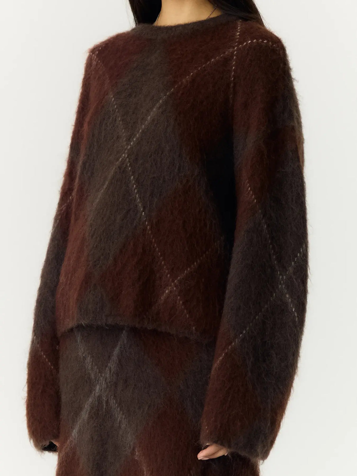Argy LS mohair blend knit pullover Coffee bean check