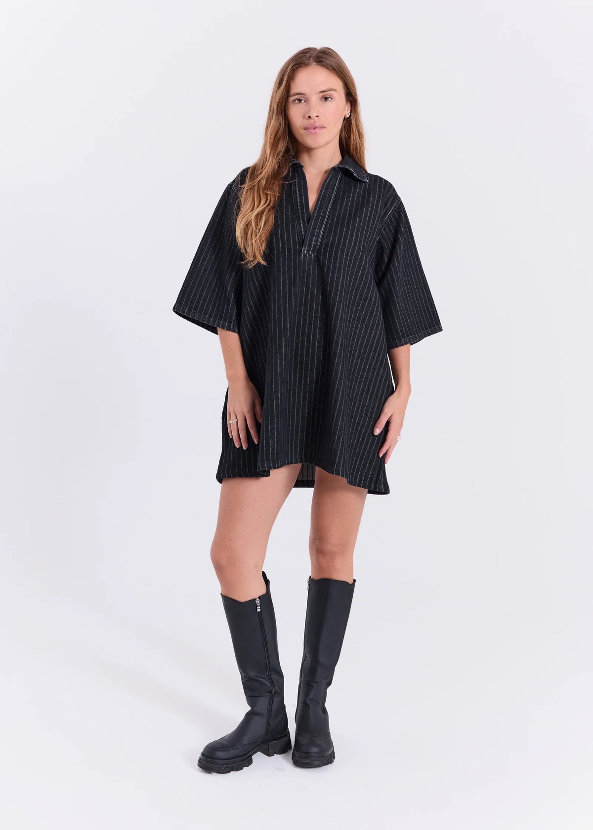Hannali Denim Dress Black pinstripe